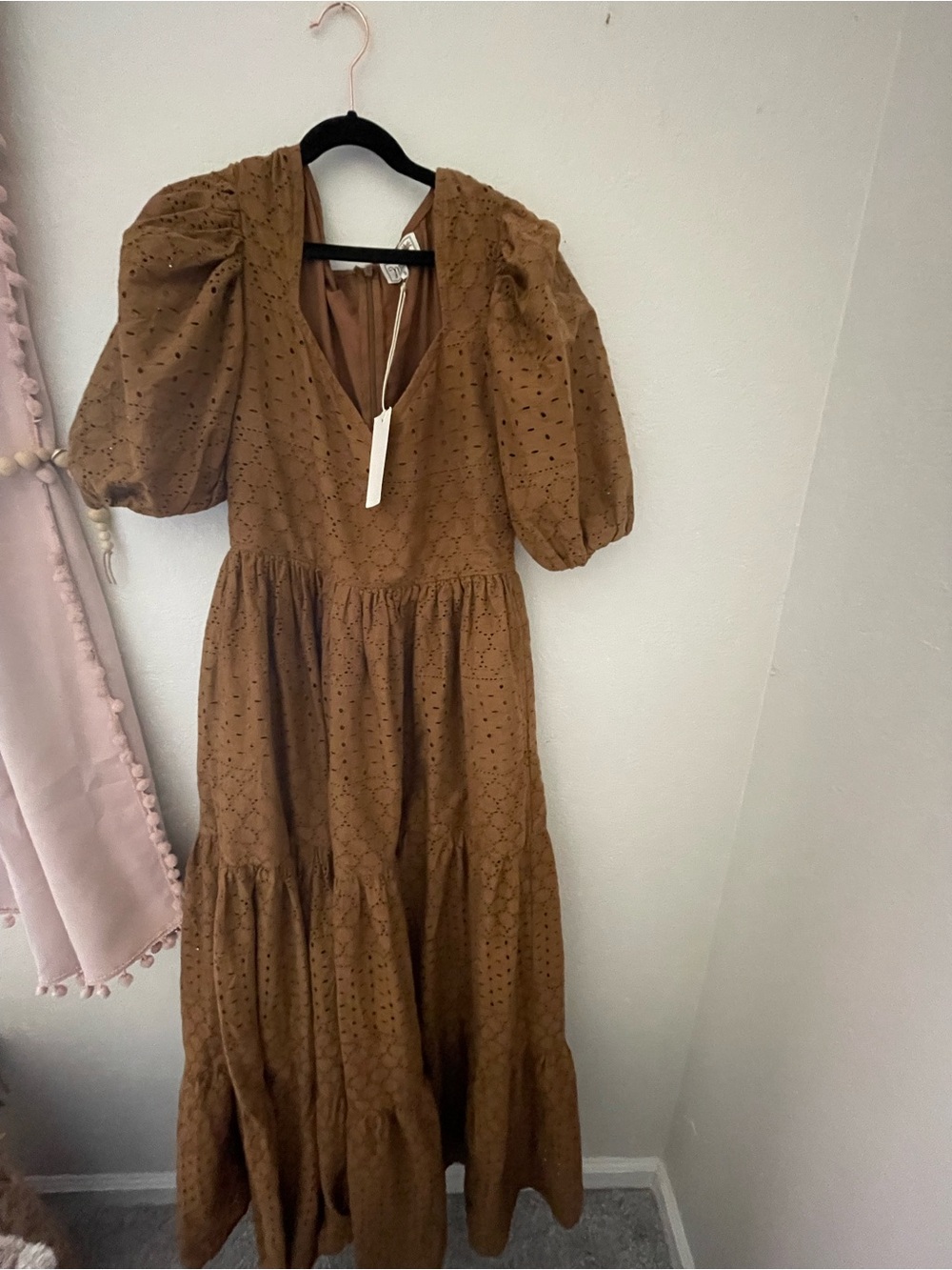 Mille Brown Eyelet Puff-Sleeve Tiered Maxi Dress